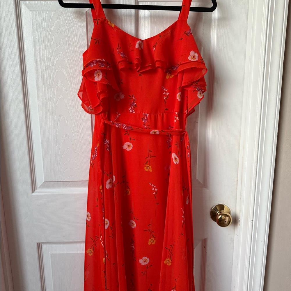 Bright Orange Red Floral Ruffle Dress